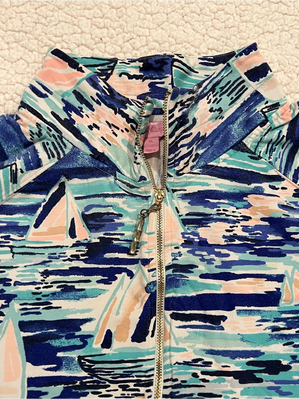 Sailboat Print Quarter-Zip Pullover in Aqua & Navy